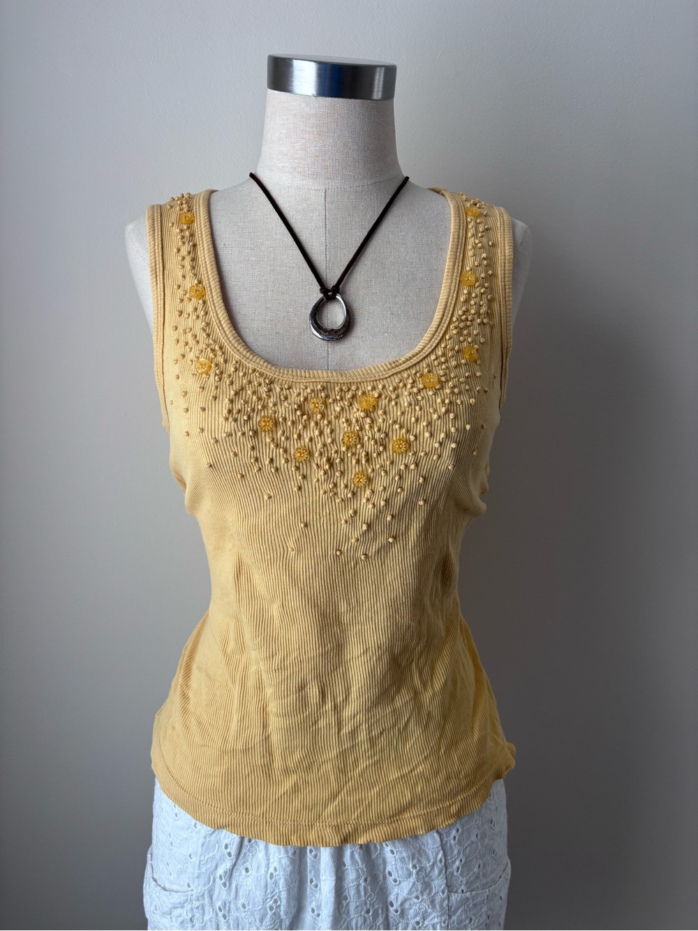 Willi Smith Yellow Embellished Scoop Neck Tank